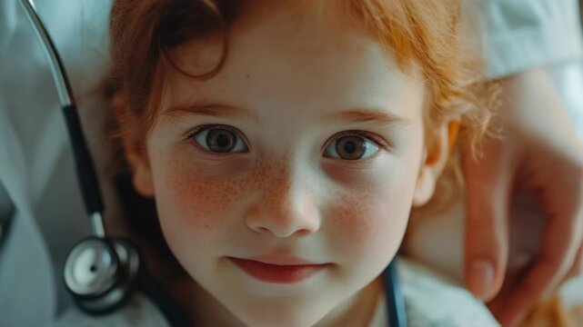 This shows a young girl with red hair, being attended to by a medical professional in a white coat. She is looking directly into the camera lens, showing concern or curiosity about what is happening.