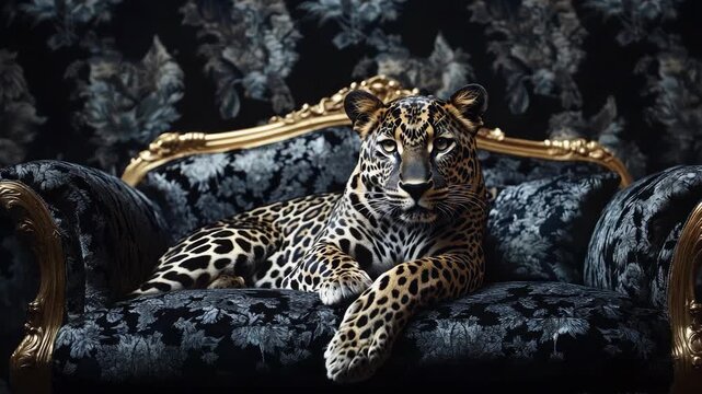 A majestic leopard lounging on an ornate chaise lounge with intricate patterns and golden accents. The scene exudes opulence and luxury.