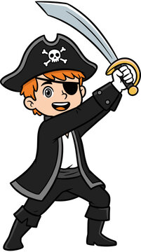 Happy Cartoon Pirate Boy Character Wearing a Black Captain Hat and Eye Patch while Brandishing a Silver Sword for Adventure