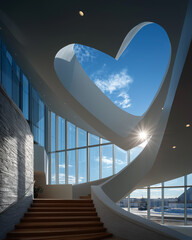 Architectural Love: Capturing the harmonious fusion of architecture and nature, a heart-shaped aperture frames a vibrant blue sky, inviting a sense of wonder and connection. 