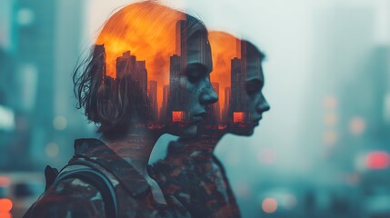A hauntingly beautiful double exposure of two profiles blended with a cityscape and orange hues, evoking urban life and introspection.