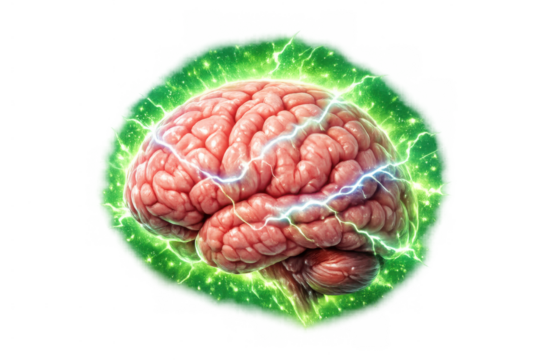 Human brain power with green glow of electrical activity and lightning, representing sharp mind, intelligence, and neural network on transparent background - Powered by Adobe