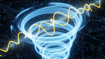 Captivating abstract visualization of digital energy and data flow merging in a radiant vortex, signifying advanced technology and transformative processes