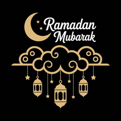 Ramadan mubarak greeting with golden lanterns and crescent moon on black background