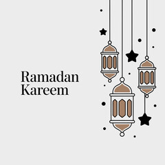 Ramadan kareem greeting with hanging lanterns and stars on white background