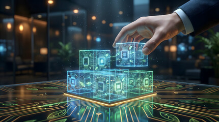 Eco-friendly innovation concept showing hand picking digital cube with leaf icon from circuit board