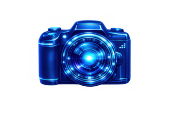 Blue digital slr camera with glowing lens representing future photography technology and innovation, isolated transparent background