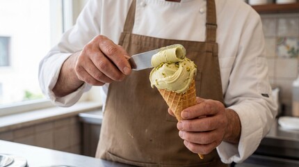 Artisan pistachio gelato cone being scooped by chef with spatula in kitchen, creamy texture and nut garnish, inviting dessert moment