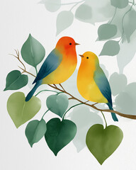Obraz premium Watercolor birds on a Branch: Two vibrantly colored birds perch on a leafy branch, their gentle gaze and close proximity convey the tranquility of connection. 
