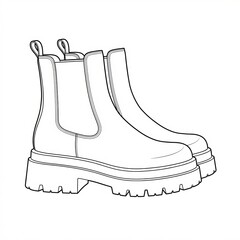 Technical fashion sketch of chunky platform chelsea boots side view.
