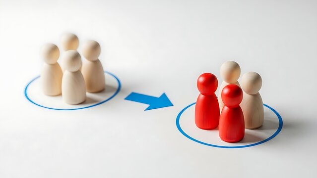 Conceptual representation of personnel transition or team restructuring where distinct wooden figures move from one defined circle group to another indicated by a central directional blue arrow signif