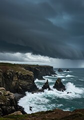Obraz premium A dramatic dark storm cloud brewing over a rugged, wild coastline where huge waves violently crash against sharp, unforgiving cliffs ,dangerous ,ocean ,wild