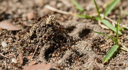 Ants work together building an anthill on the ground.