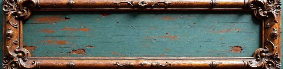 Ornate wide wooden frame, distressed finish, retro charm, display, retro