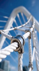 Bright blue sky above an overhead bridge with surrounding buildings seen from a low angle during the day in a city setting