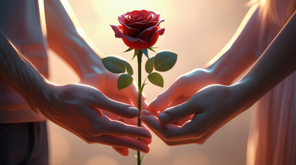 A tender moment as two hands gently offer a single, perfect red rose, symbolizing love and romance