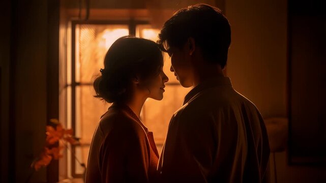 Intimate couple standing face to face in warm window light at home expressing love emotional closeness and relationship bonding