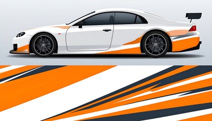 Obraz premium Sporty white car with orange and dark gray wrap, side view, overlay of the same wrap design