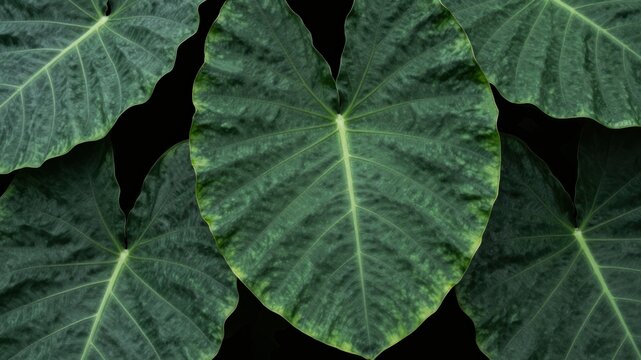 Lush green taro leaves showing detailed veins and water droplets in tropical setting
