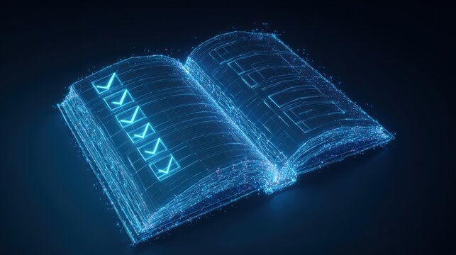 A futuristic depiction of an open book with checkmarks illuminated, symbolizing concepts such as knowledge, technology, and information. ..Created with Generative AI, not depicting real subjects.