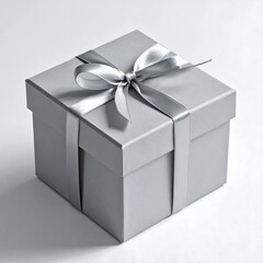 Fototapeta premium Square gift box tied with satin ribbon on white backdrop, casting soft shadows