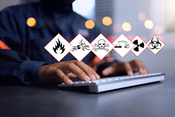 MSDS material safety data sheet concept with chemical safety staff working on warning information sign for dangerous substance to categorise type of hazardous goods