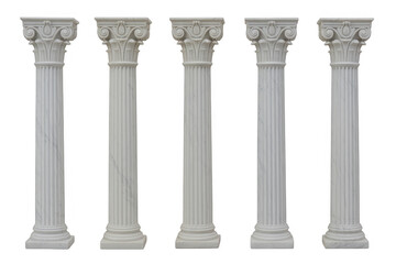 Five white marble columns with ornate capitals ancient architecture isolated on a transparent background