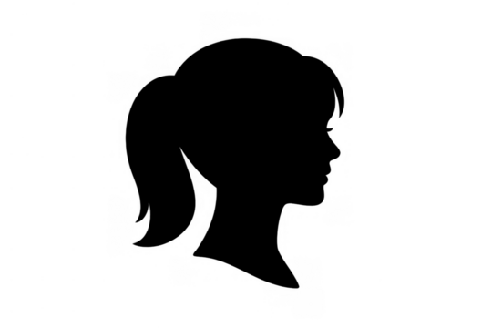 Woman head silhouette with a ponytail, presenting a side profile for user avatars, profiles, or identity icons - Powered by Adobe