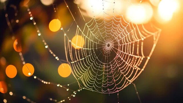 Spider web with water droplets in sunlight.