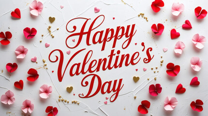 Happy Valentine's Day romantic text surrounded by heart shapes and flowers, celebrating love and relationships