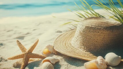 A straw hat on sandy beach with seashells and starfish, near the ocean's edge. - Powered by Adobe