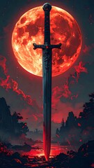 A formidable sword stands tall, gleaming blood red, against a giant, fiery moon. Dark trees and hills frame the dramatic scene
