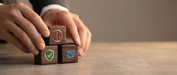 Man stacking wooden blocks with risk, security, and agreement icons Business strategy, decision making, and partnership concept