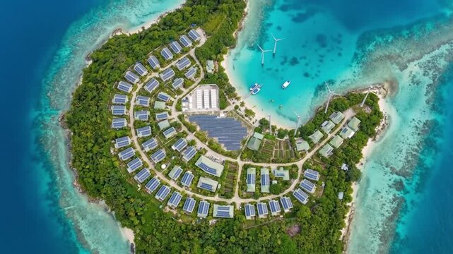 Tropical resort solar microgrid system powers pristine island community. Reliable renewable energy solution delivers clean electricity, fostering