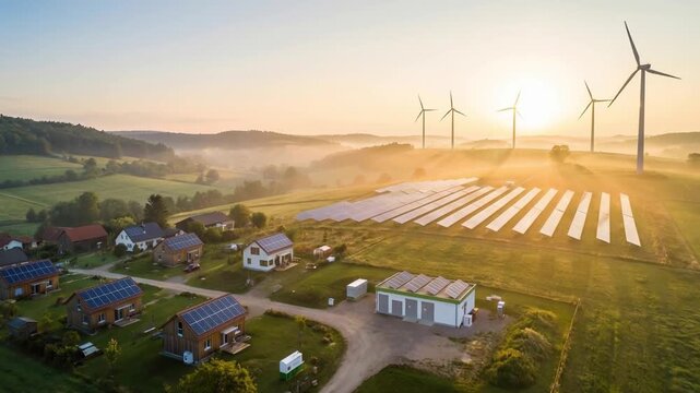 Golden sunrise lights serene rural landscape. Microgrid renewable energy system provides sustainable power, vital for homes, promising clean energy