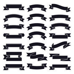 Collection of black ribbon banners in various shapes and styles for design elements