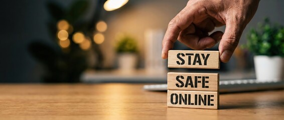 Man stacking wooden blocks with STAY SAFE ONLINE message, concept of internet security and digital safety