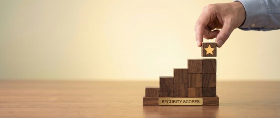 Man adding star block to security scores staircase, concept of improvement and success