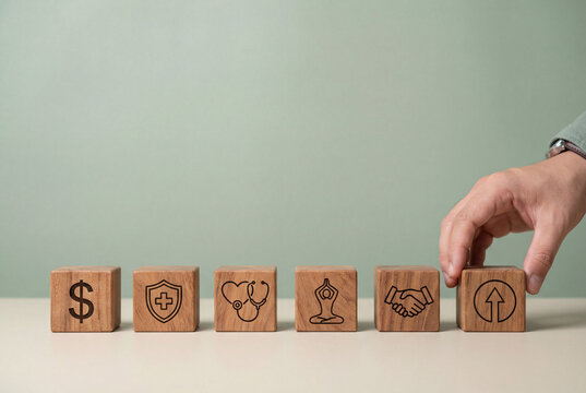 Human resources employee benefits progression showing salary, insurance, healthcare, wellbeing support, and retention with wooden blocks