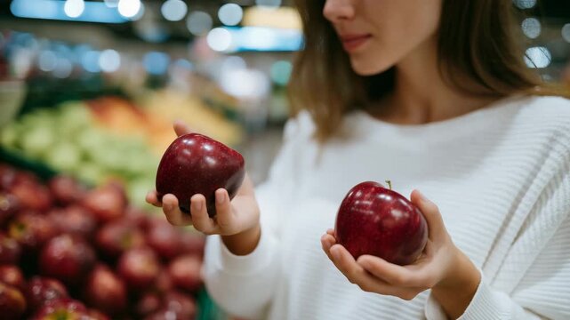 6Close-up of woman examining apples in grocery store, rich red apple skins reflecting light, colorful produce aisle blurred in background, fresh food shopping and nutrition concept