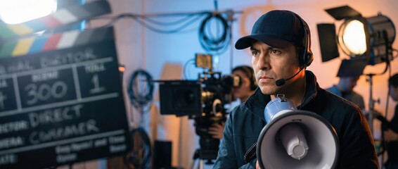 Hispanic man director with megaphone on film set, directing camera crew and actors Concept of filmmaking, production, and movie making