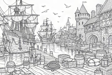 Naklejka premium Highly detailed line art of an old harbor scene with sailing ships, stone towers, and stacked cargo along wooden docks, perfect for coloring books and educational designs.