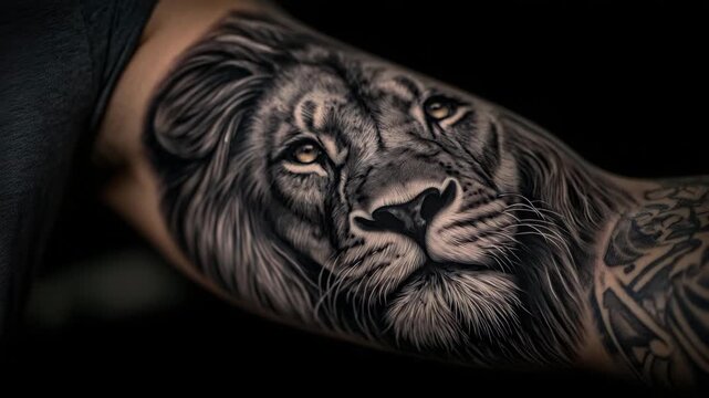 13Close-up of a realistic black and grey realism tattoo on a man&rsquo;s forearm, detailed lion portrait with intense eyes, fine fur texture and smooth shading, skin pores visible, natural