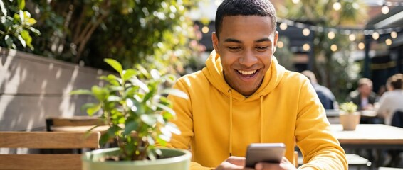Young Black man smiling, using smartphone outdoors at cafe Casual lifestyle, technology, communication, happy