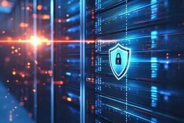 Secure IT data center server racks with glowing shield lock and encrypted data flow, ideal for cybersecurity protection, cloud infrastructure security, and enterprise network defense concepts