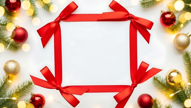Christmas decor with red ribbon frame and copy space on white background surrounded with ornaments and christmas tree branches 150 chr