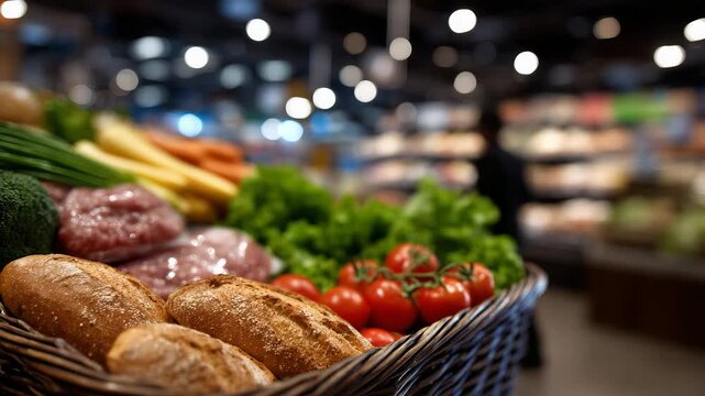 27Macro-style close-up of grocery basket contents, textures of meat packaging, fresh produce, and bread clearly visible, bright supermarket lighting, shelves softly out of focus, nut
