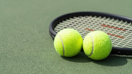 Two tennis balls on court surface near racket equipment for sport and game activity