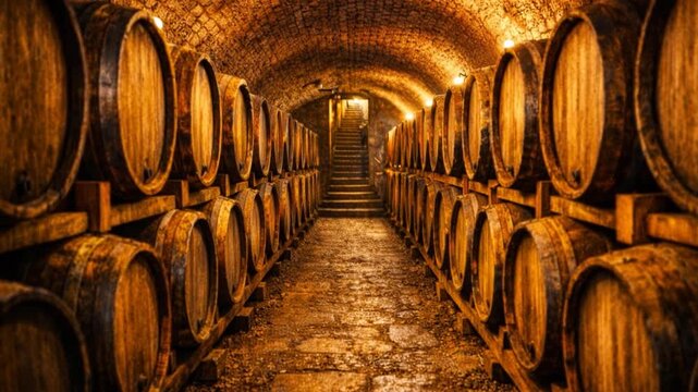 Oak barrels in a wine cellar.

