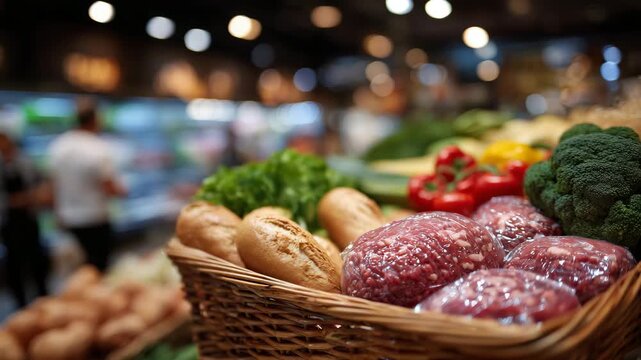 35Close-up of grocery basket packed with mixed food staples, bread and produce resting beside meat packages, supermarket shelves blurred behind, warm lighting emphasizing freshness